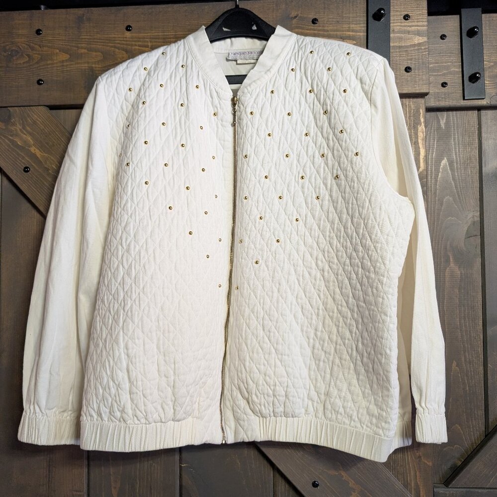 Megan Moore offwhite jacket size 20w; diamond pattern with gold beads